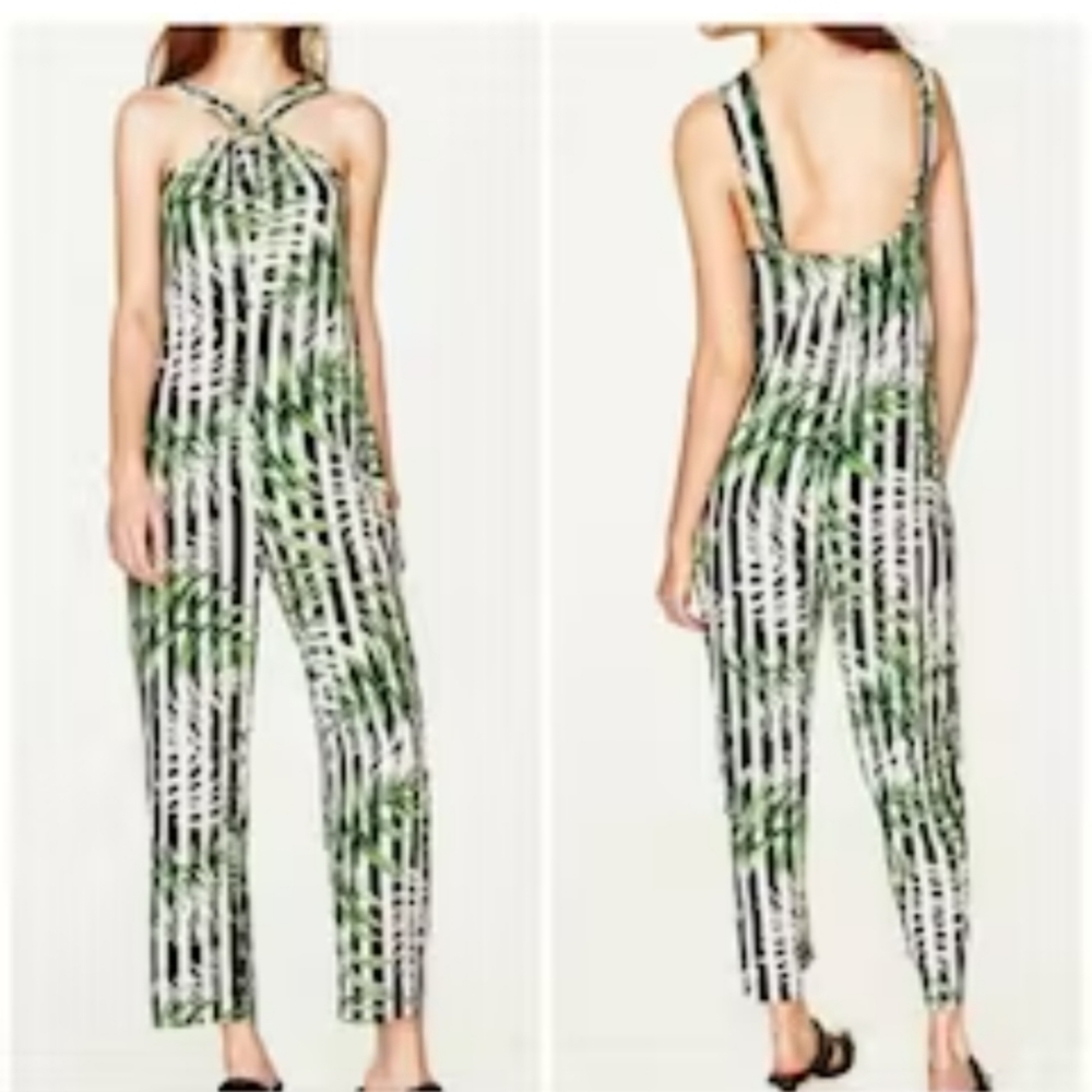 Zara Trafaluc Romper Jumper capri length halter top sleeveless palm leaf print